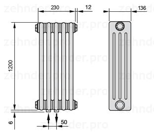 Схема (чертеж) Радиатор Zehnder Charleston 4120/5 №3470 Белый глянцевый RAL 9016